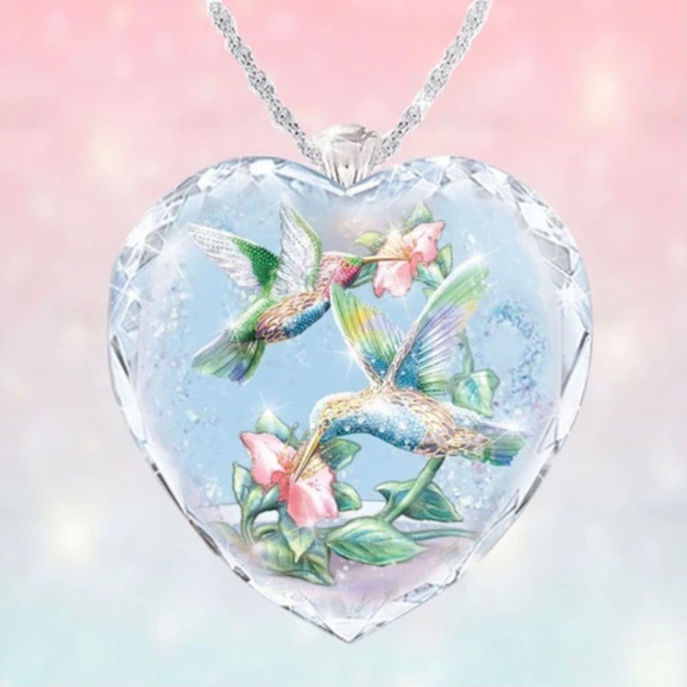 Beautiful Hummingbird in heart necklace